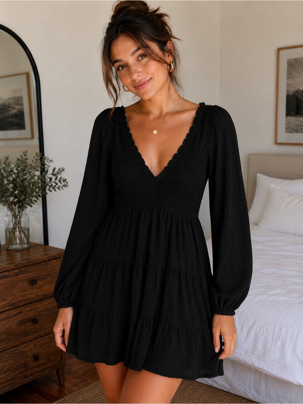 Altar’d State Black Smocked Tiered Mini Dress XS Long Sleeve Boho Babydoll